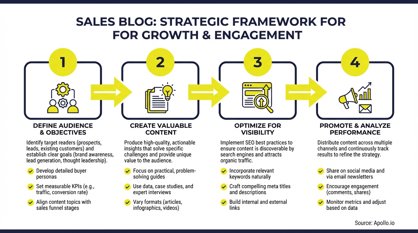 A four-step strategic framework for a sales blog, detailing audience, content, optimization, and promotion with icons.