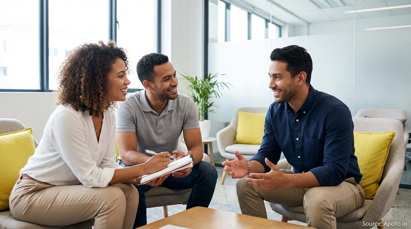 Three smiling professionals discussing and taking notes in a modern office lounge.