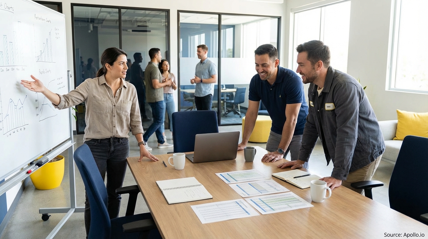 Sales team collaborating in a modern open-plan office in a sales team meeting