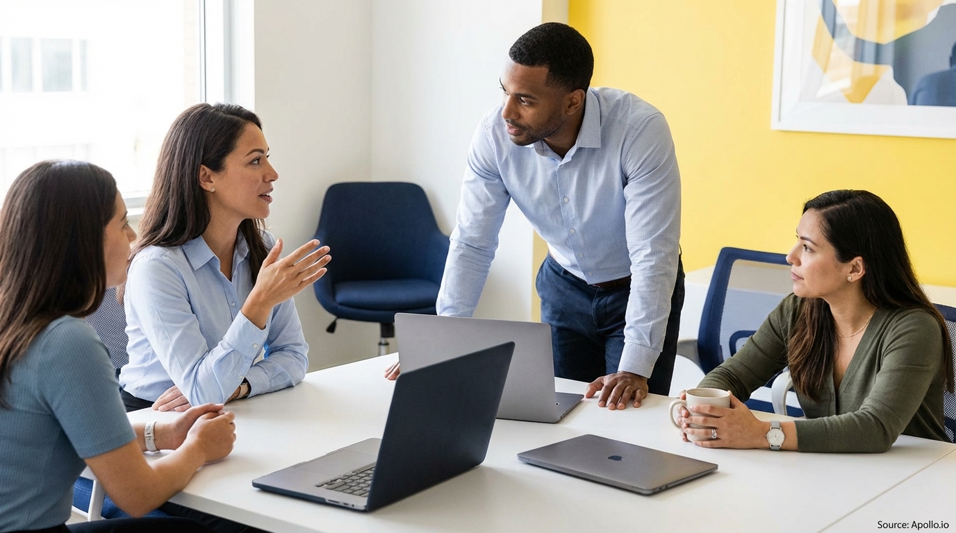 Four professionals discuss a plan around a white office table with laptops.