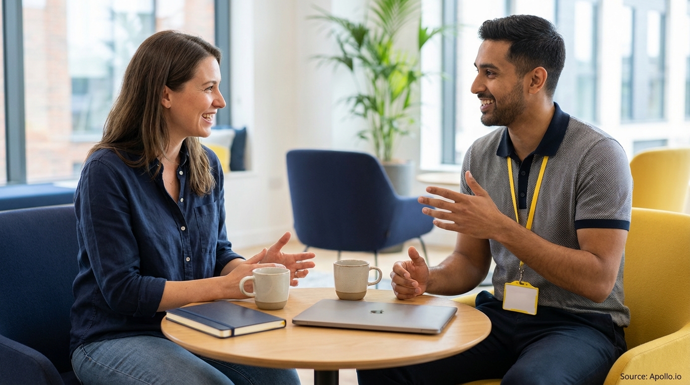 Two smiling professionals gesture and talk at a table in a bright office.