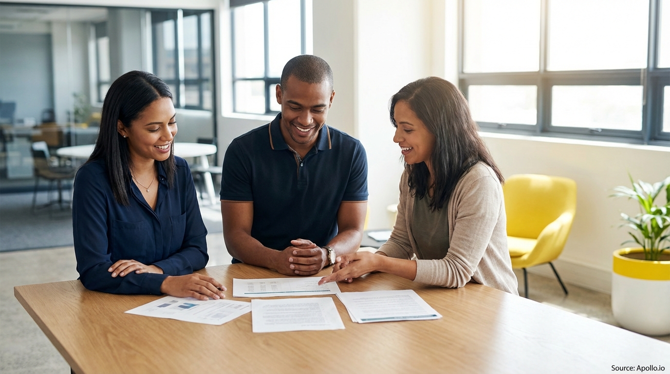 Three smiling professionals discussing documents at a wooden table in a bright office.