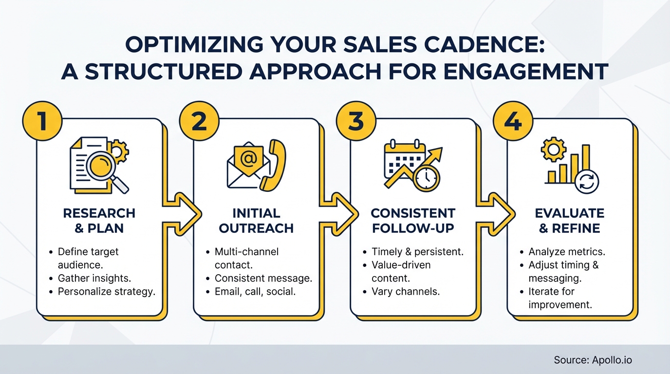 A four-step diagram illustrates optimizing sales cadence with research, outreach, follow-up, and evaluation.