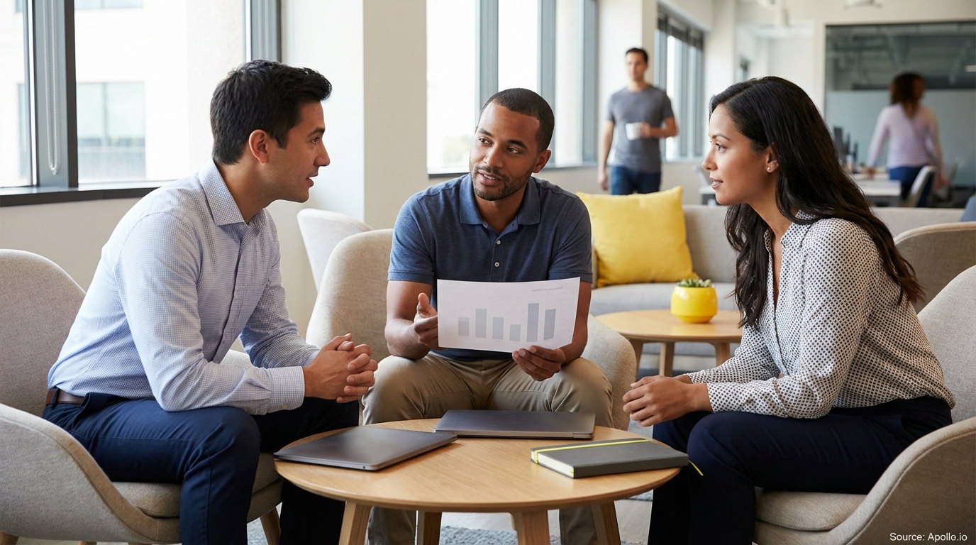 Three professionals review a bar chart in a bright office collaboration space.