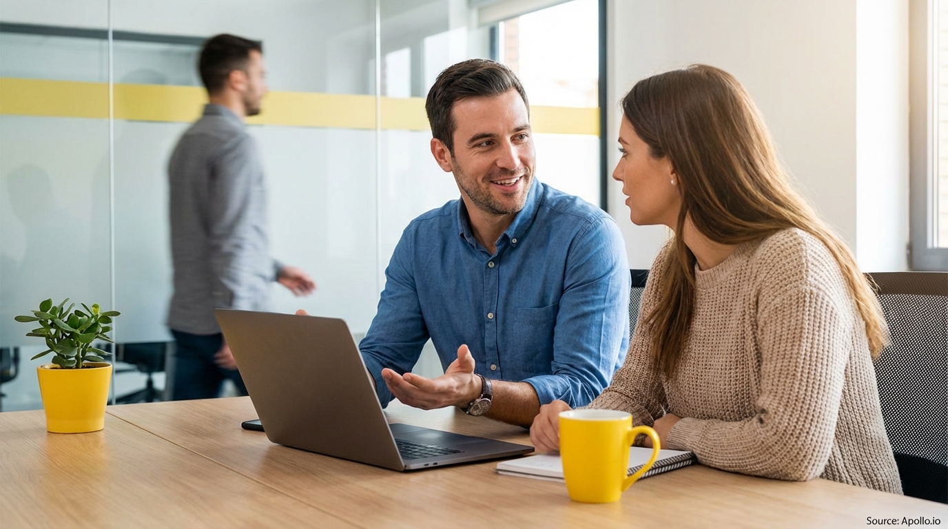 A man and woman converse at an office table with a laptop, another person walks in the background.