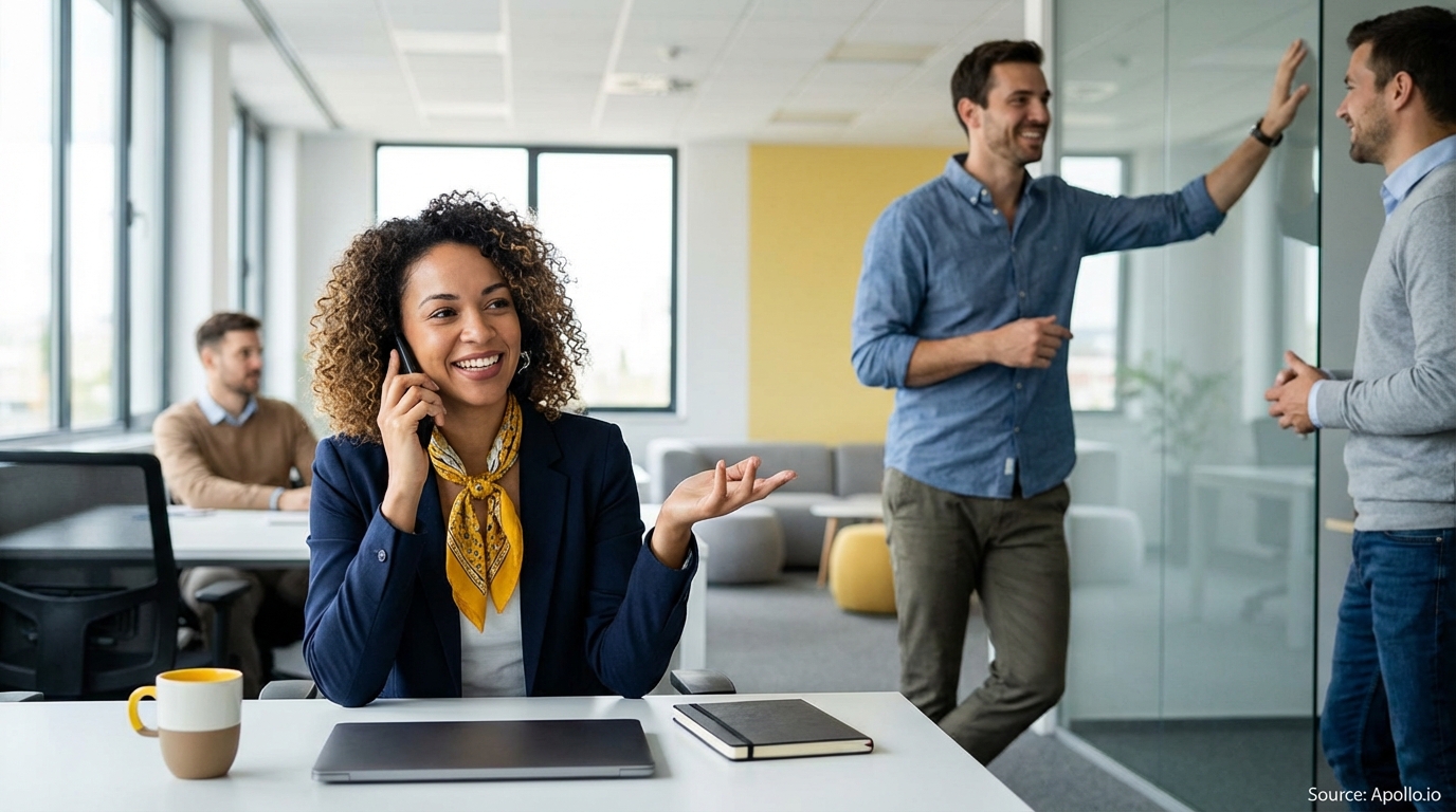 A smiling woman on a phone call at her desk in an open office with colleagues.
