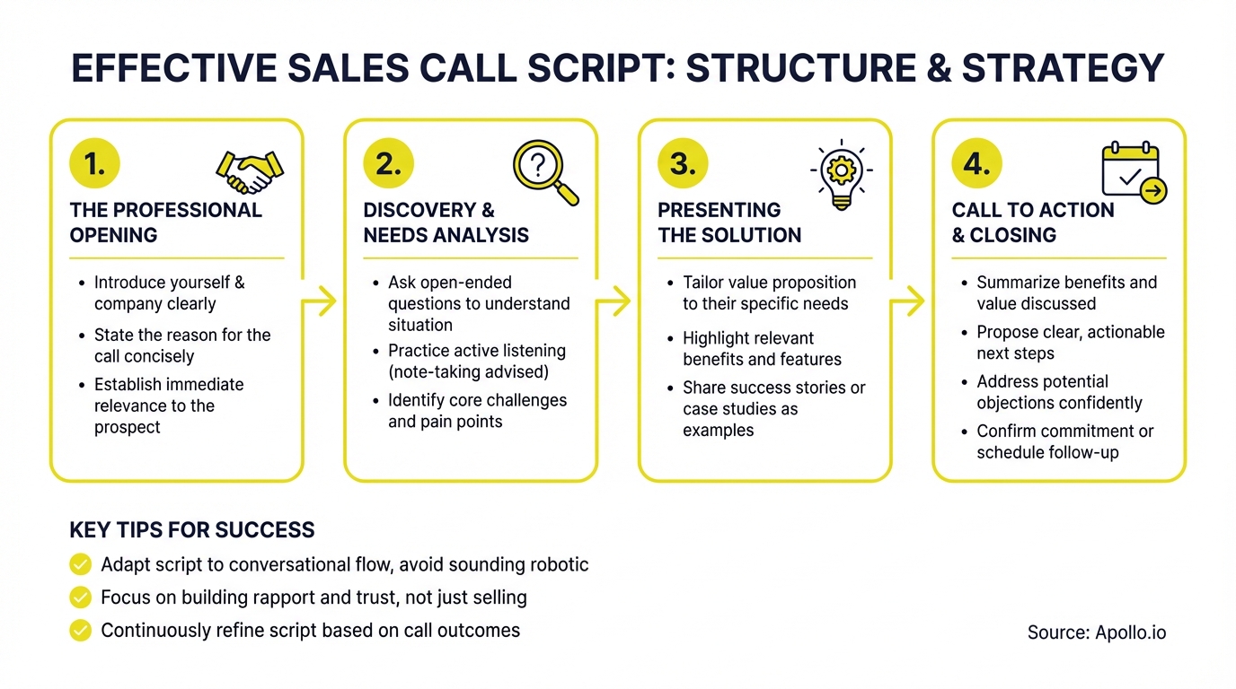 An infographic details a four-step effective sales call script process with key success tips.