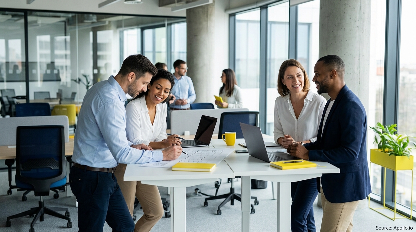 Sales team collaborating in a modern open-plan office in a sales team meeting