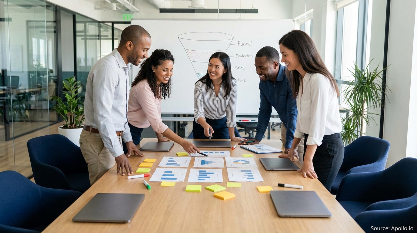 Sales professionals discussing strategy around a conference table in a sales team meeting