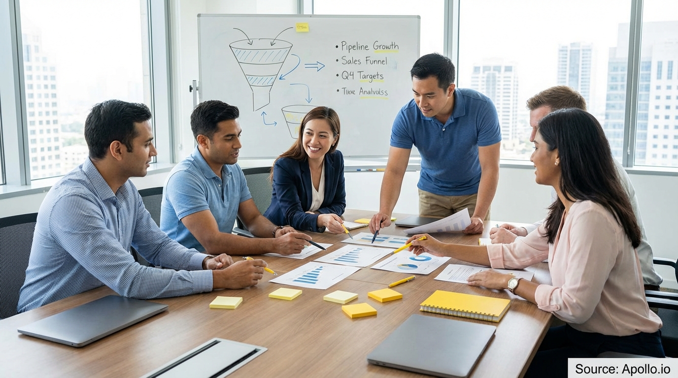 Sales professionals discussing strategy around a conference table in a sales team meeting
