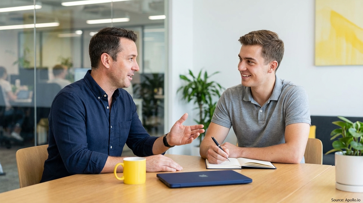 Two men discussing at a modern office table, one gesturing while the other writes notes.