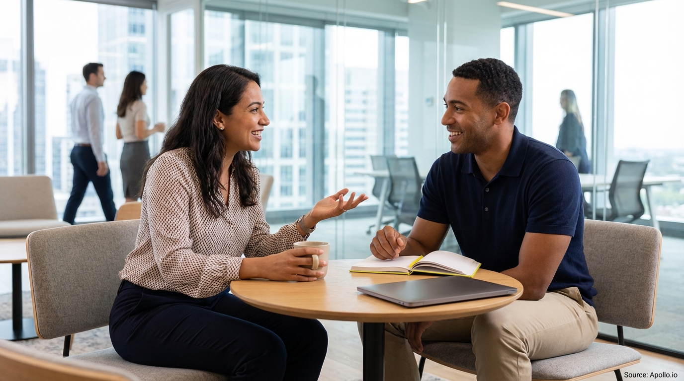 Smiling man and woman converse at a modern office table with an open notebook.
