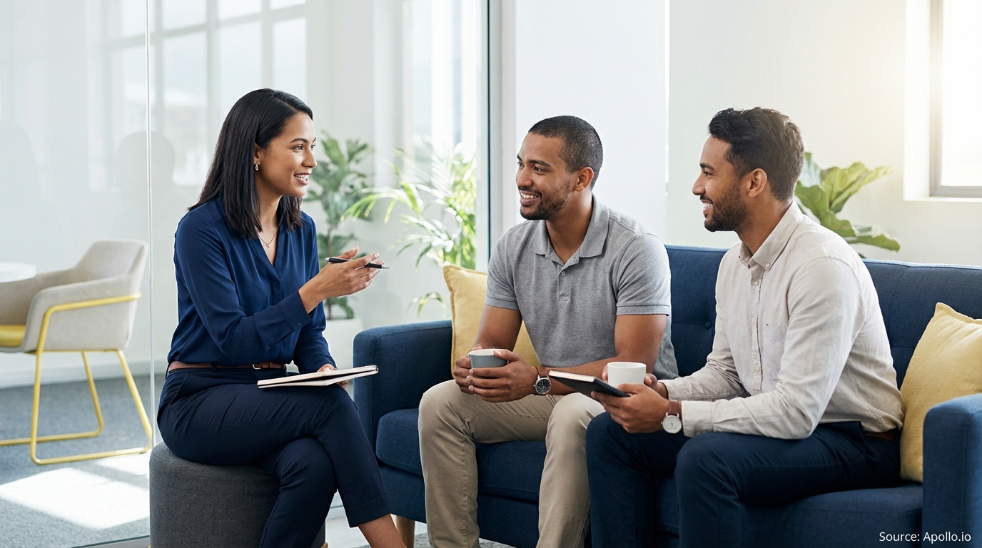 A woman speaks to two men listening on a sofa in a modern office.