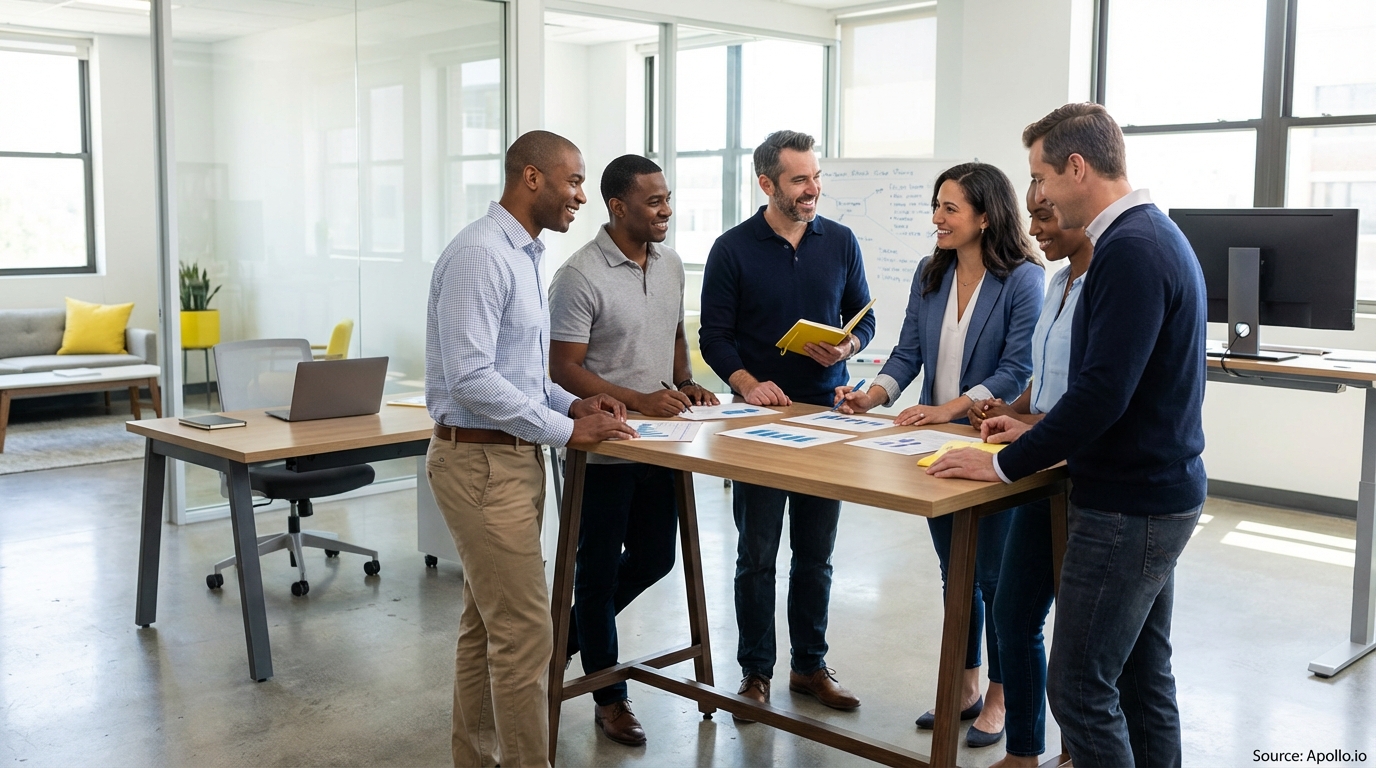 Sales team collaborating in a modern open-plan office in a sales team meeting