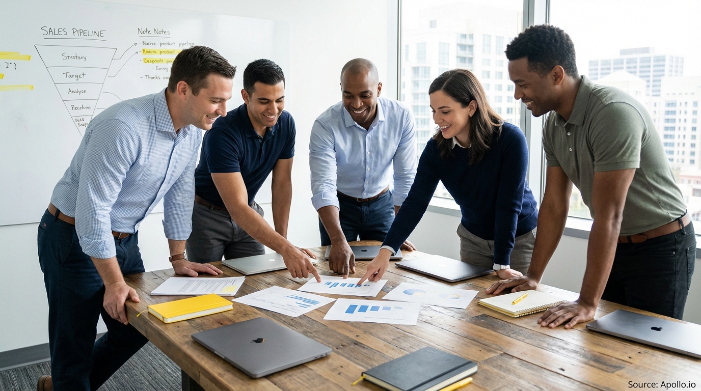 Sales professionals discussing strategy around a conference table in a sales team meeting