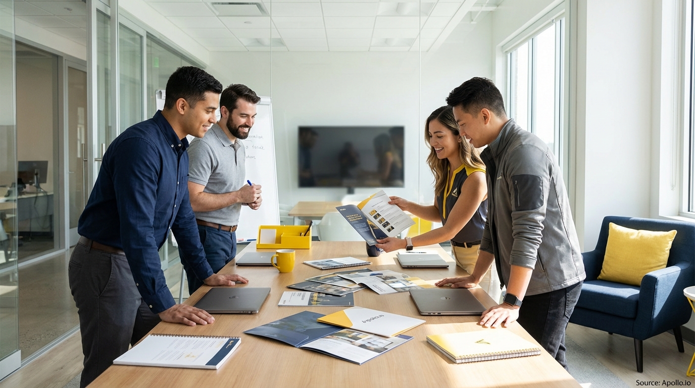Sales team collaborating in a modern open-plan office in a sales team meeting