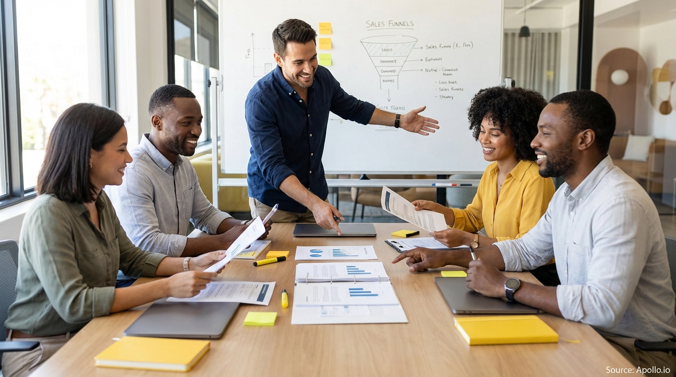 Sales professionals discussing strategy around a conference table in a sales team meeting