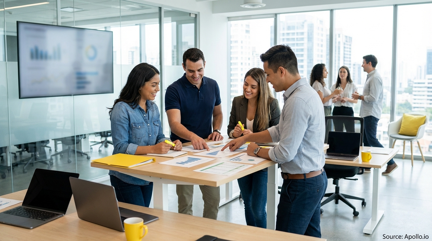 Sales team collaborating in a modern open-plan office in a sales team meeting