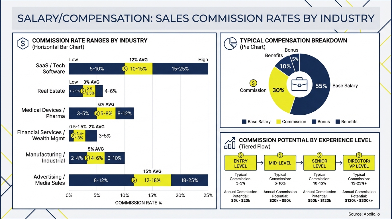 Infographic showing sales professional salary ranges and compensation breakdown by experience level