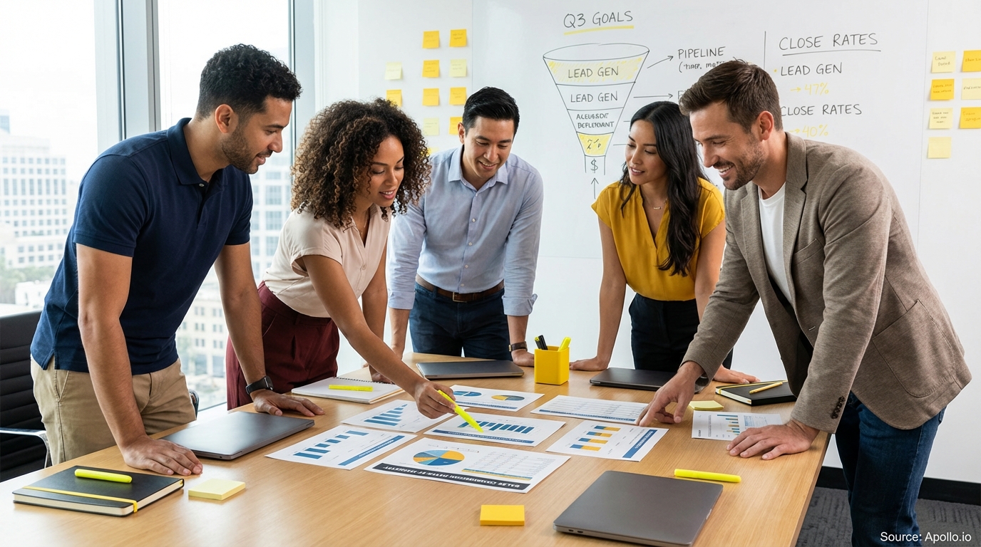 Sales professionals discussing strategy around a conference table in a sales team meeting
