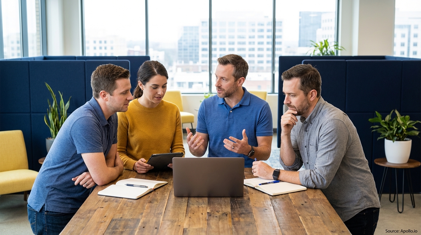Four colleagues collaborate around a laptop at a wooden table in a brightly lit modern office.