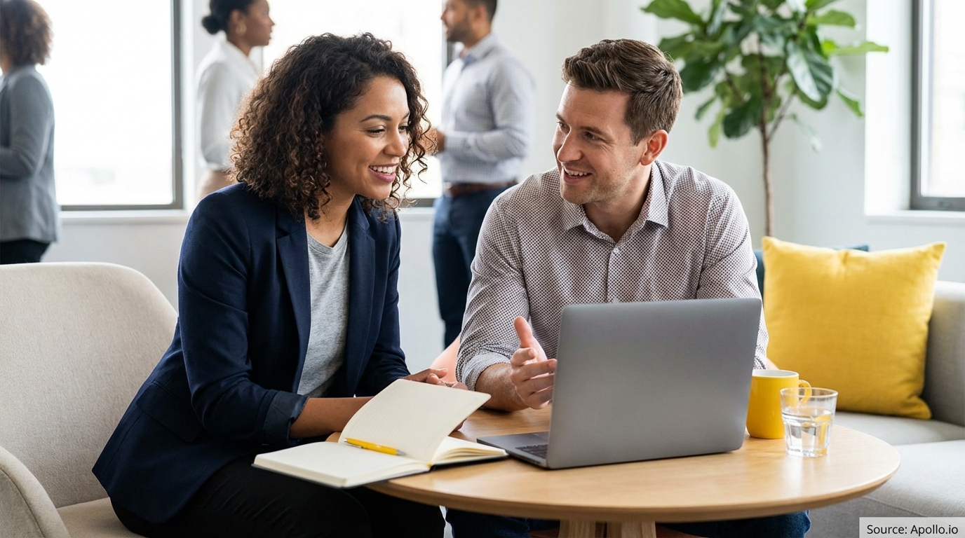 Two smiling professionals discuss at a laptop while two others chat in a modern office.