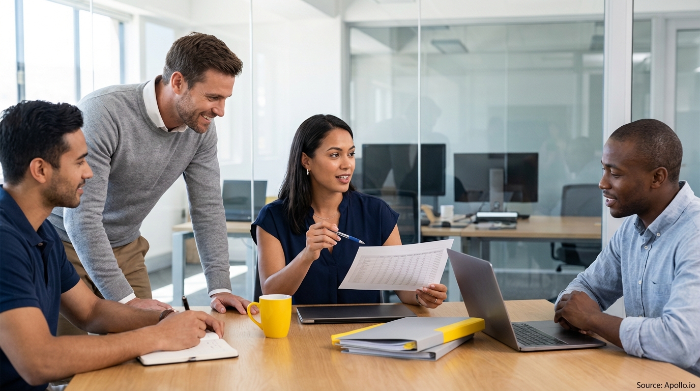 Sales team collaborating in a modern open-plan office in a sales team meeting