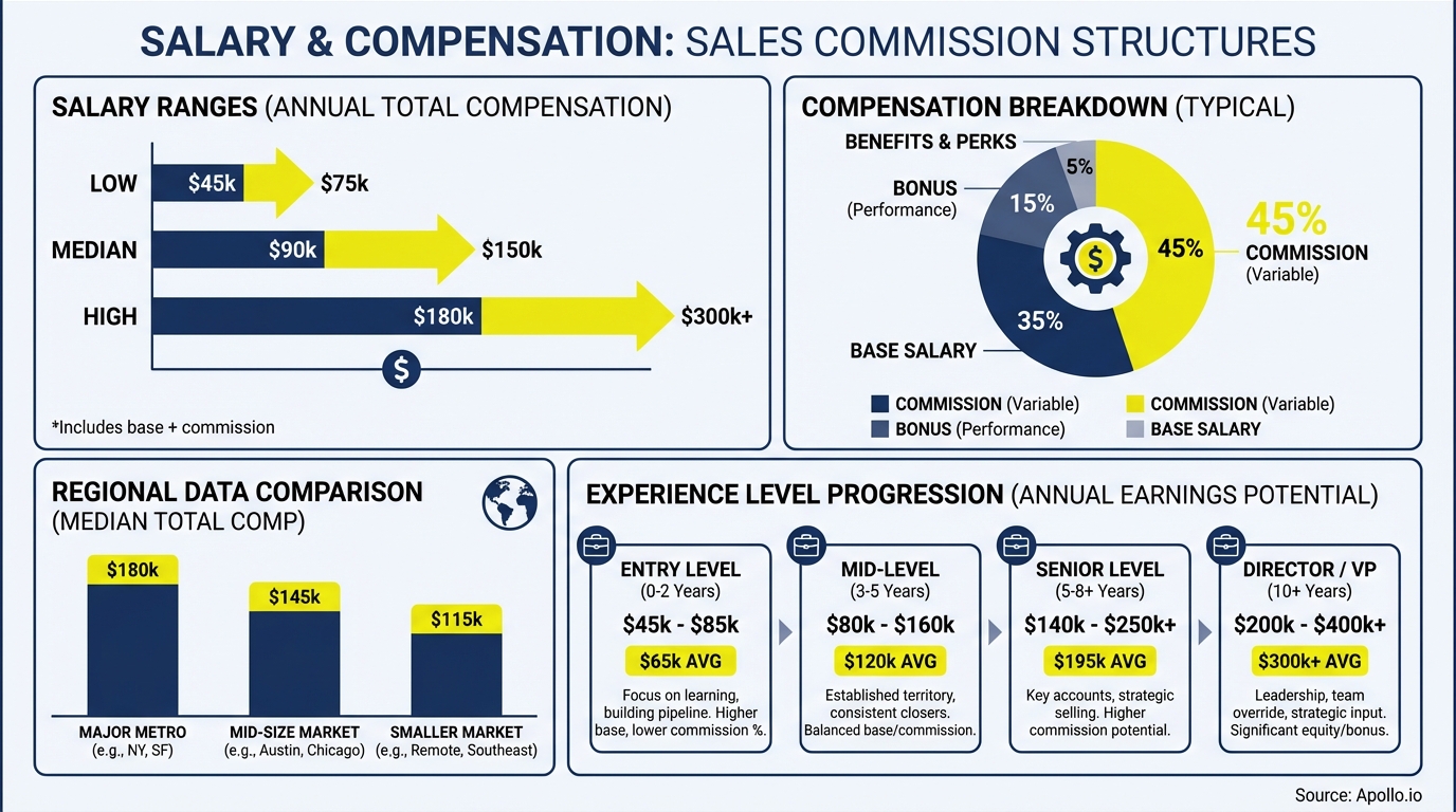 Infographic showing sales professional salary ranges and compensation breakdown by experience level