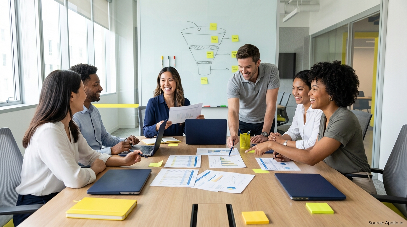 Sales professionals discussing strategy around a conference table in a sales team meeting