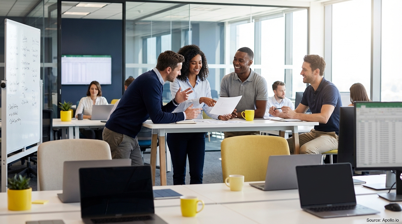 Sales team collaborating in a modern open-plan office in a sales team meeting