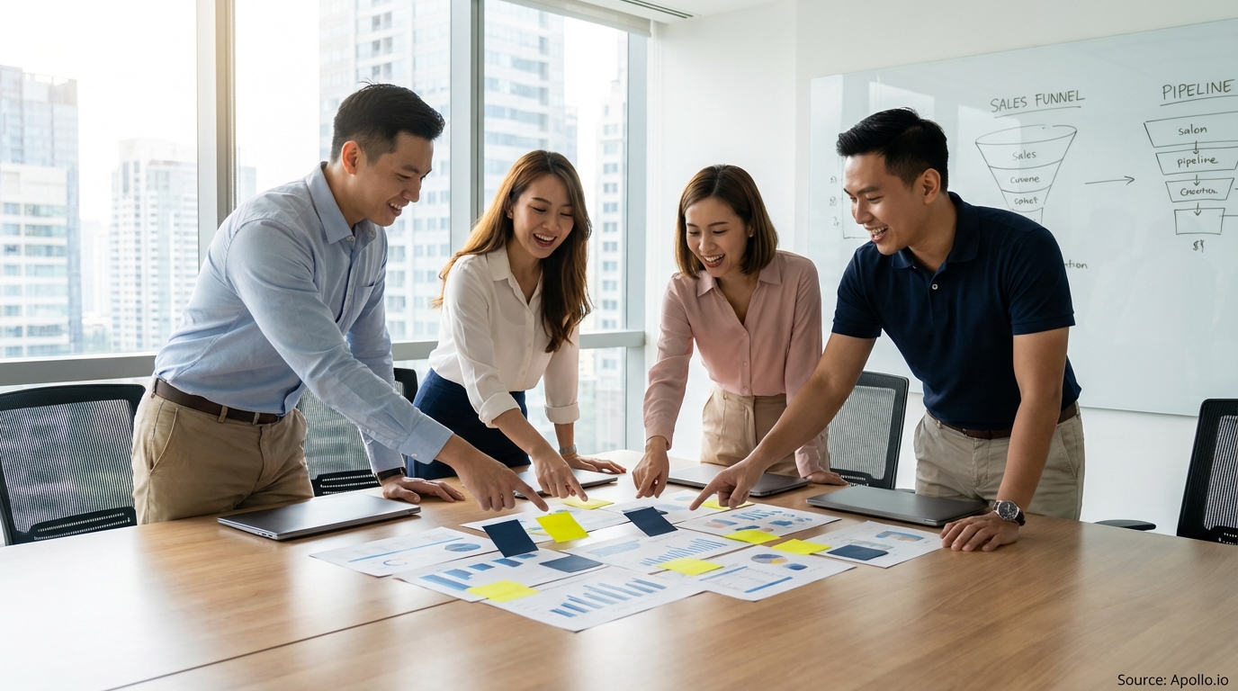 Sales professionals discussing strategy around a conference table in a sales team meeting