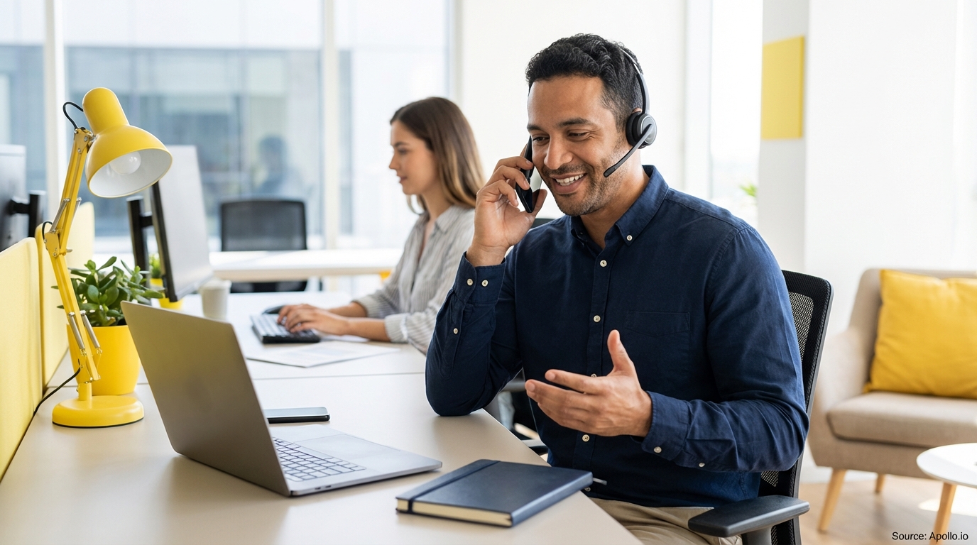 Smiling man on headset phone, woman typing, in a bright modern office.