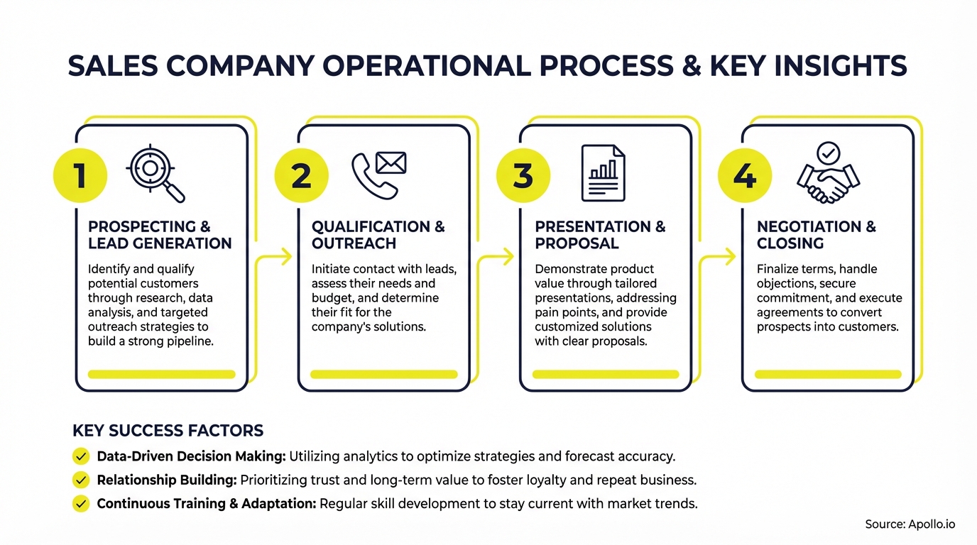 An infographic showing a sales company's four-step operational process and key insights with success factors.