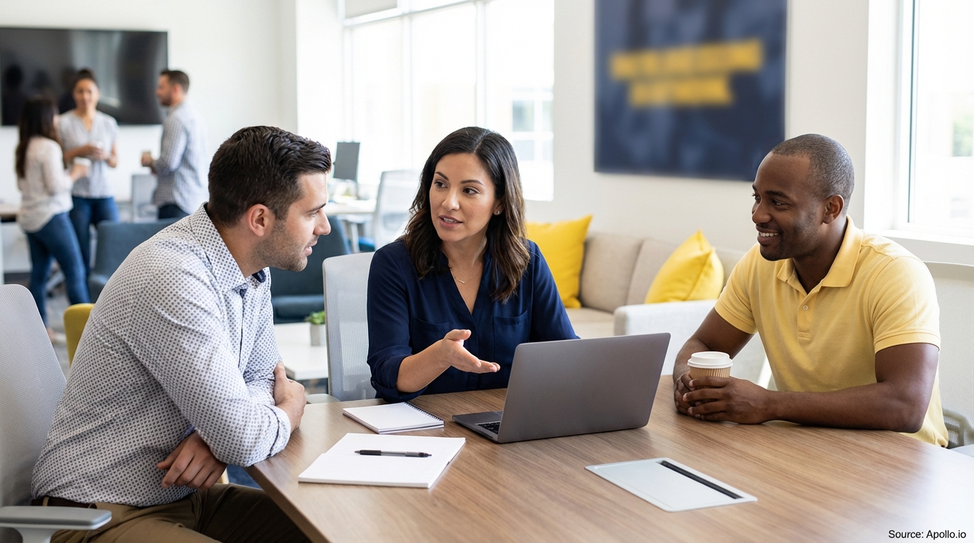 Three professionals discussing at a modern office table with a laptop.