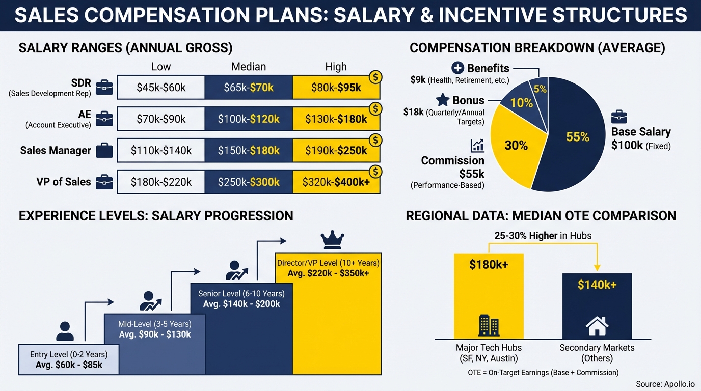 Infographic detailing sales compensation plans, including salary ranges, breakdown, experience progression, and regional comparison.