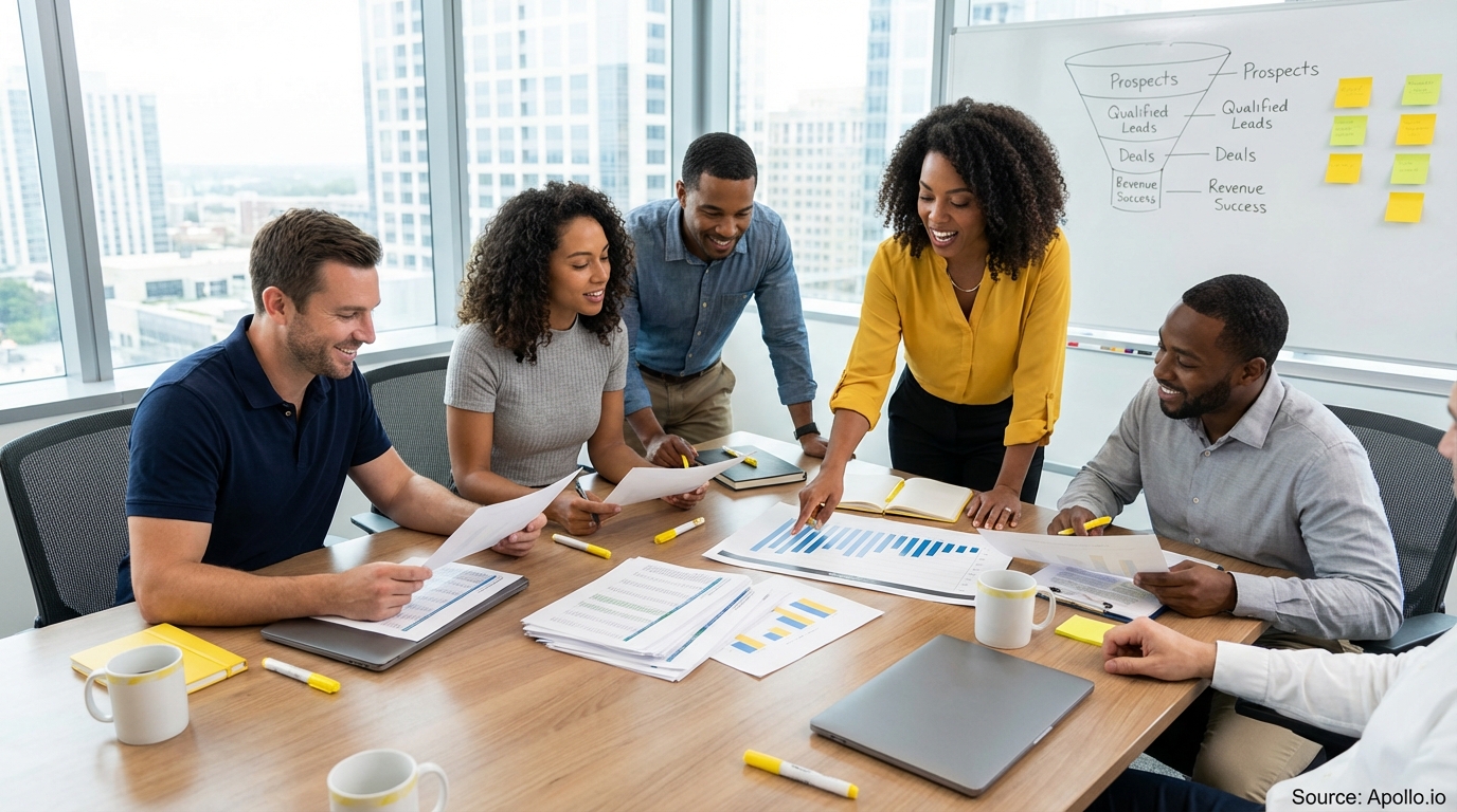 Sales professionals discussing strategy around a conference table discussing compensation strategies