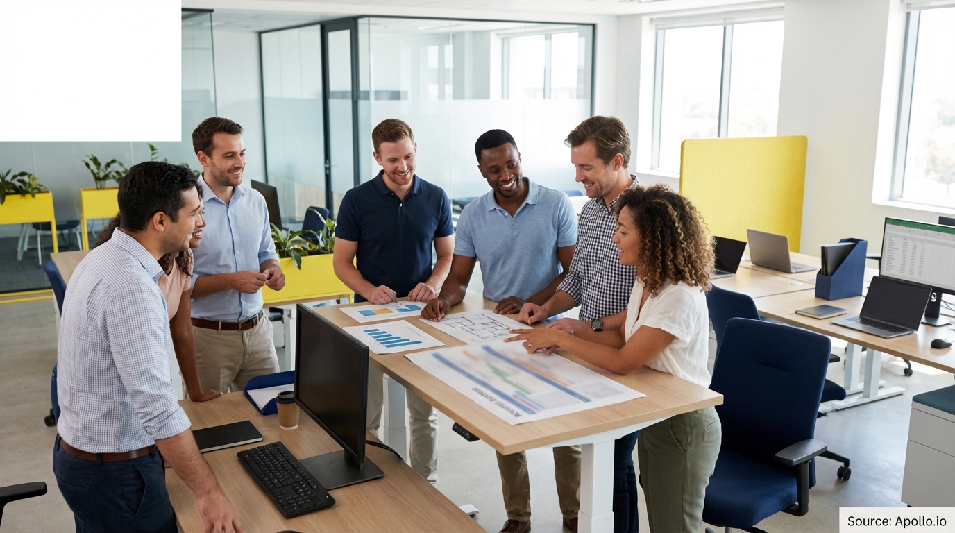 Sales team collaborating in a modern open-plan office in a sales team meeting