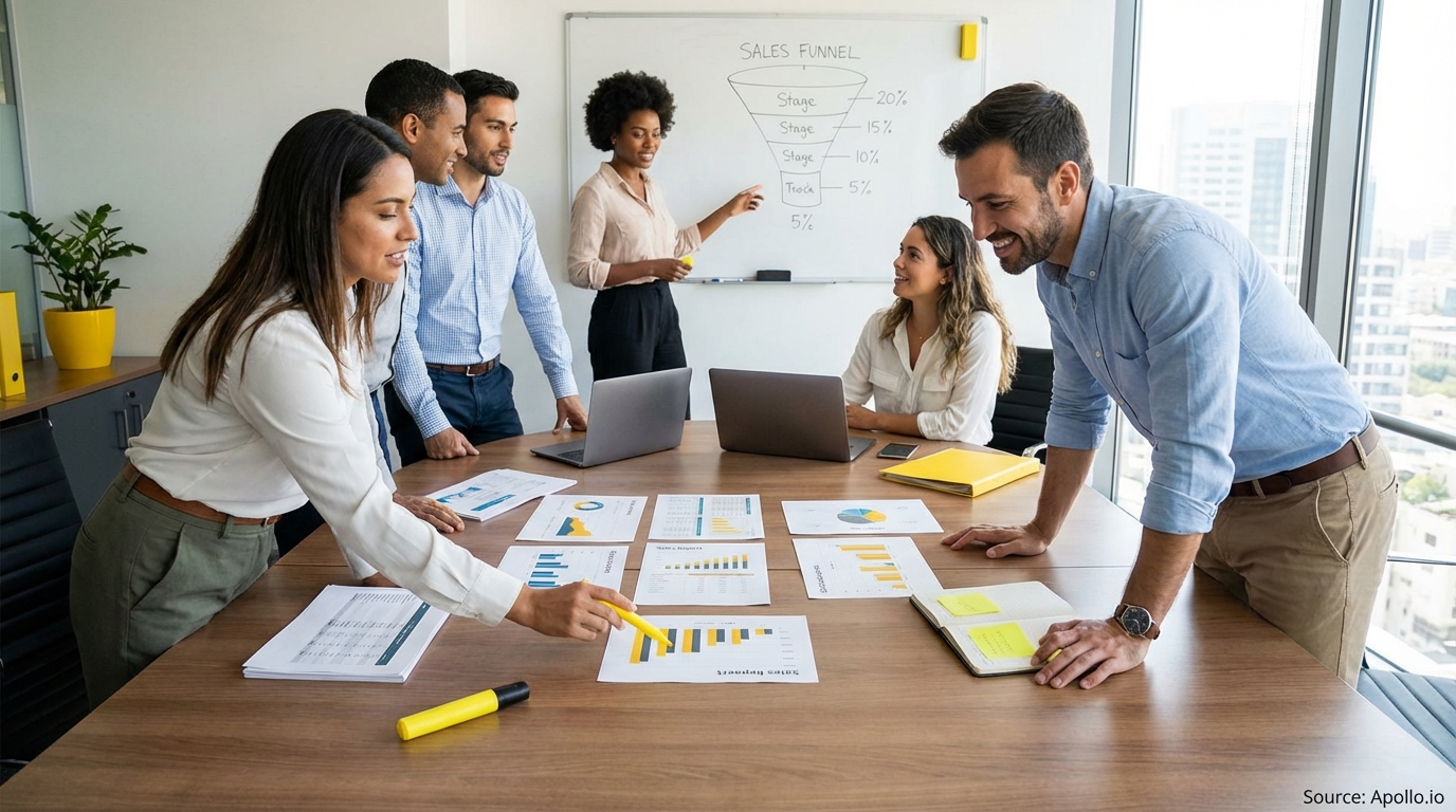 Sales professionals discussing strategy around a conference table in a sales team meeting