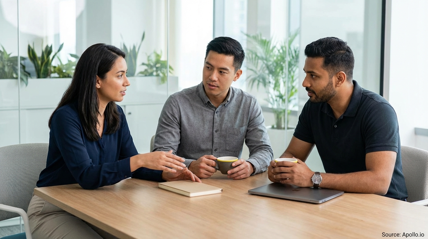 Three professionals discussing at a modern office table with drinks.