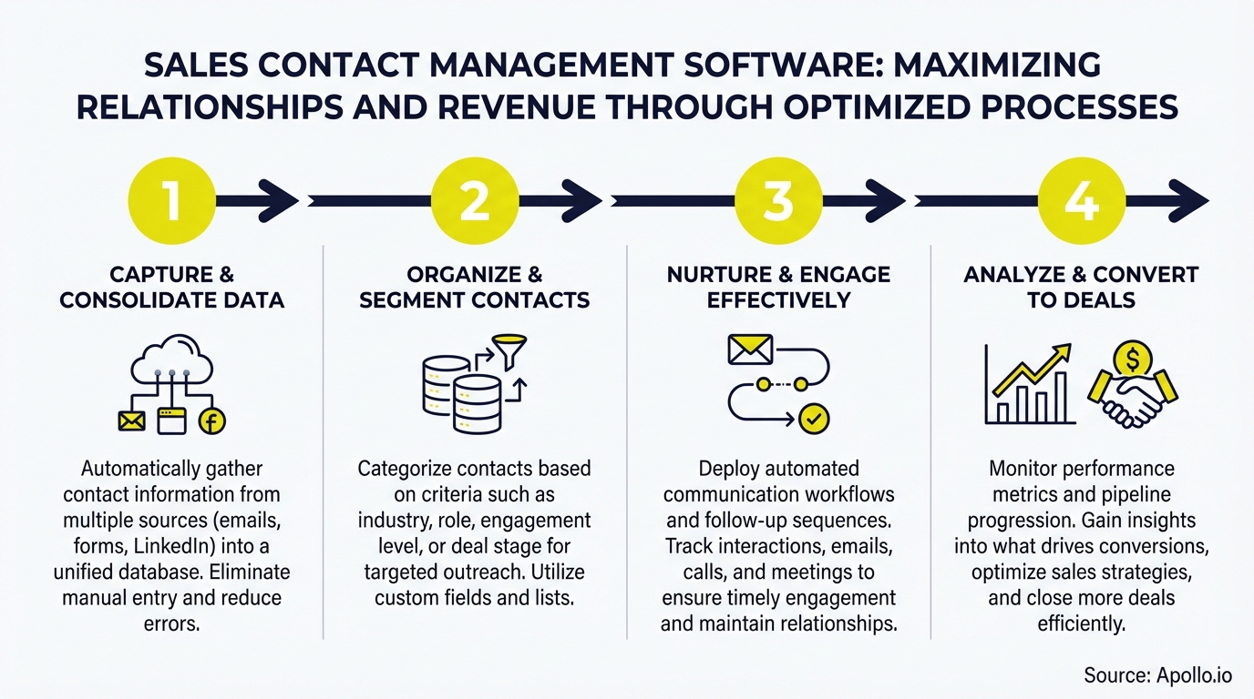Infographic illustrates a four-stage process for sales contact management, from data capture to deal conversion.