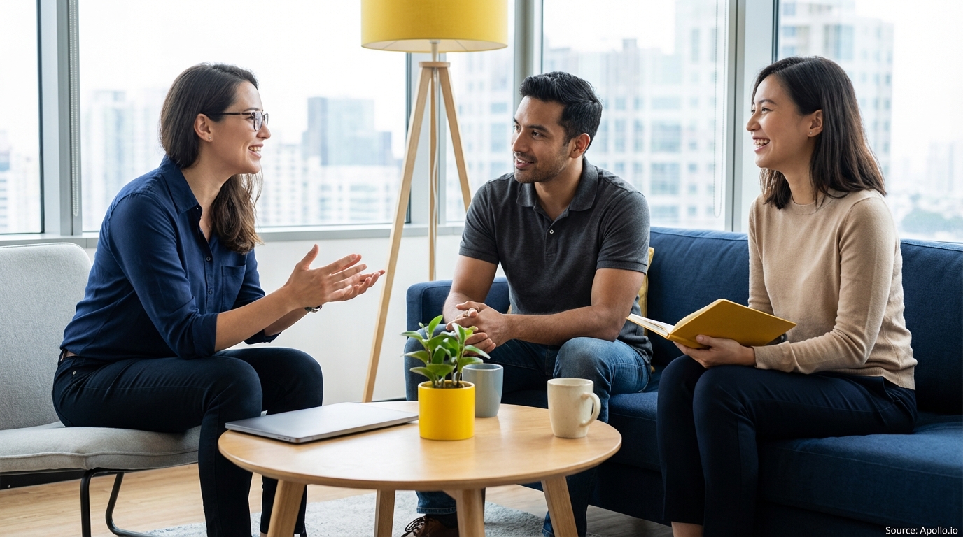 Three professionals smiling and conversing in a contemporary office setting.