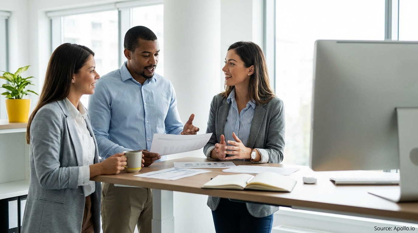Three colleagues discuss documents while standing at a modern office desk.