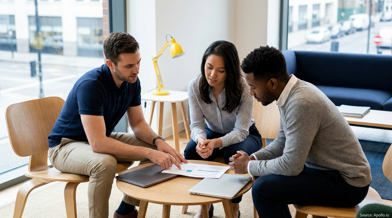 Three colleagues discuss a document at a modern office table, one pointing.