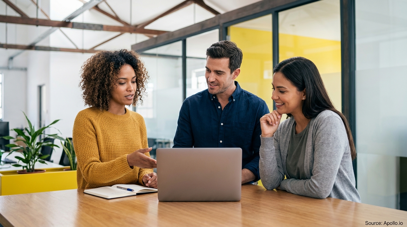 Three diverse professionals discuss a laptop in a modern office.