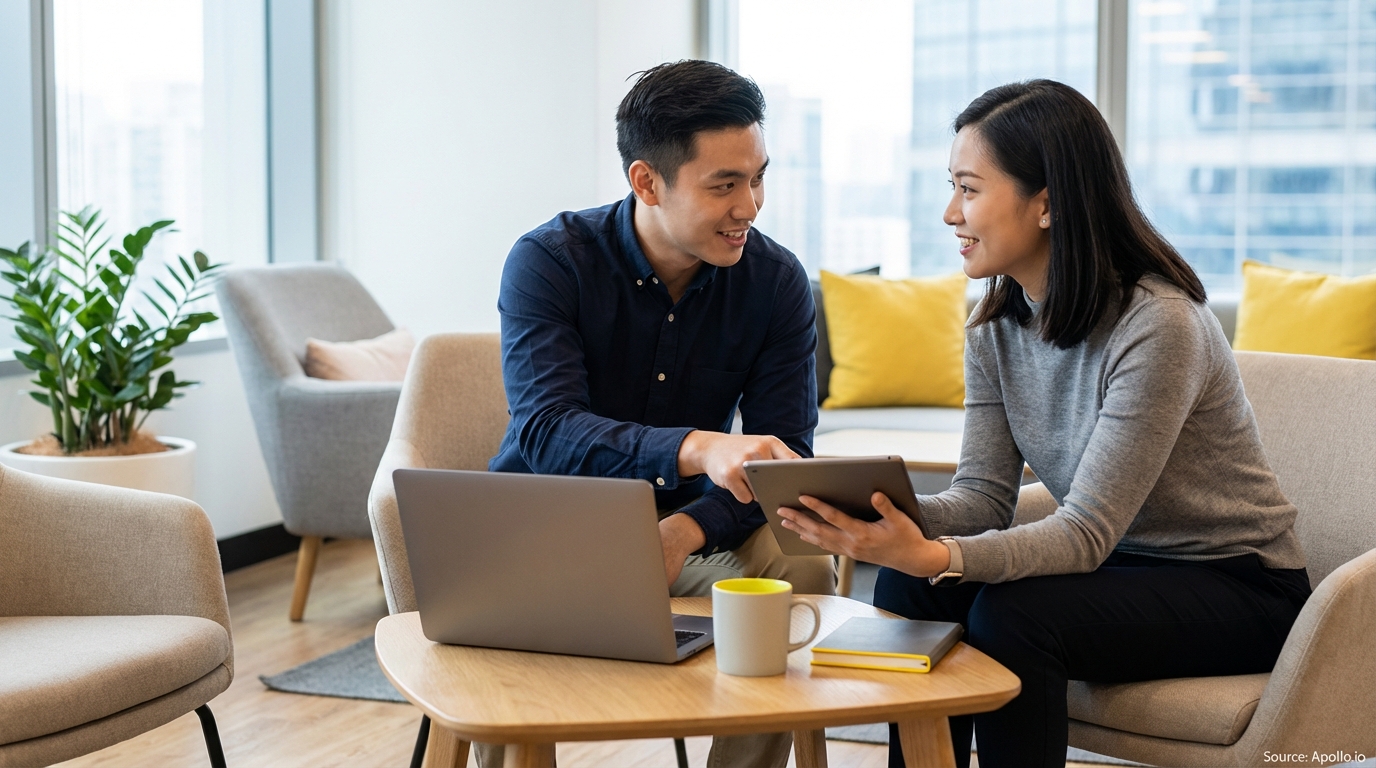 Two colleagues collaborate, looking at a tablet in a modern office lounge.
