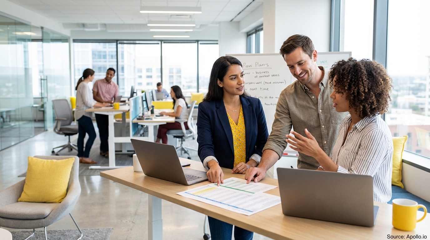 Sales team collaborating in a modern open-plan office in a sales team meeting