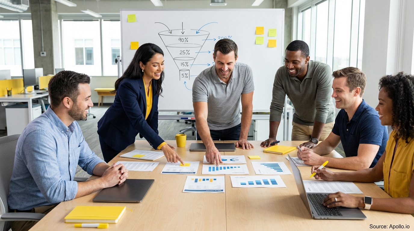 Sales professionals discussing strategy around a conference table in a sales team meeting