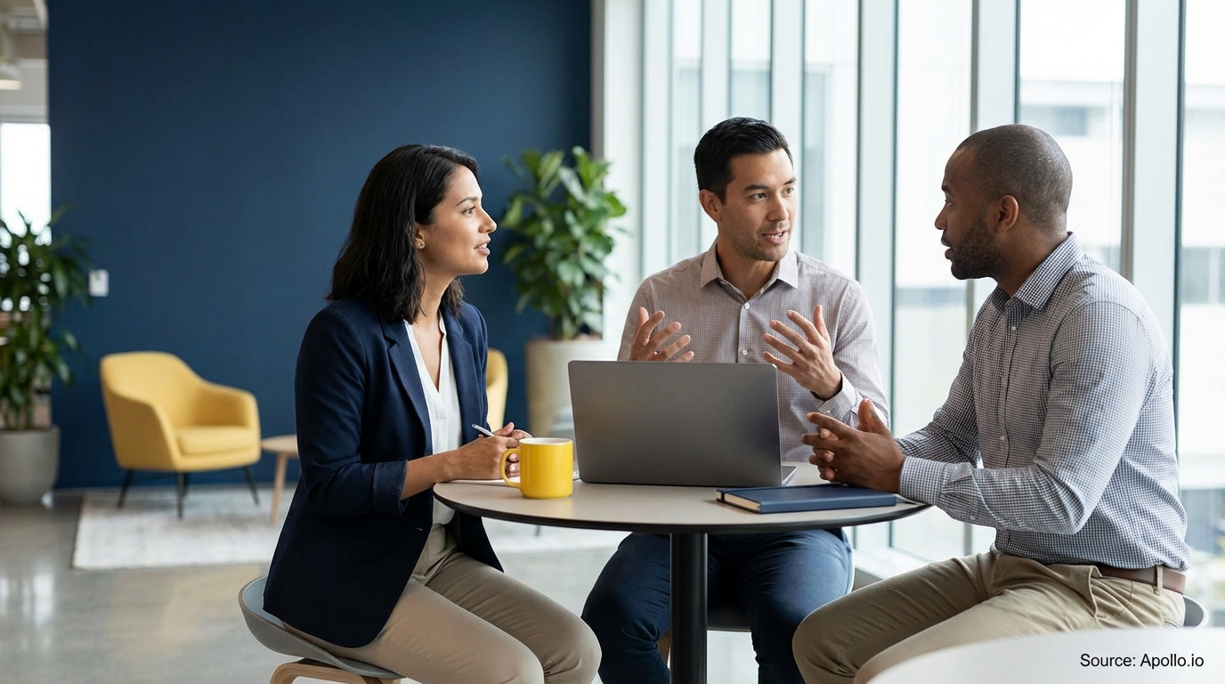 Three diverse professionals discuss around a table with a laptop in a modern office.