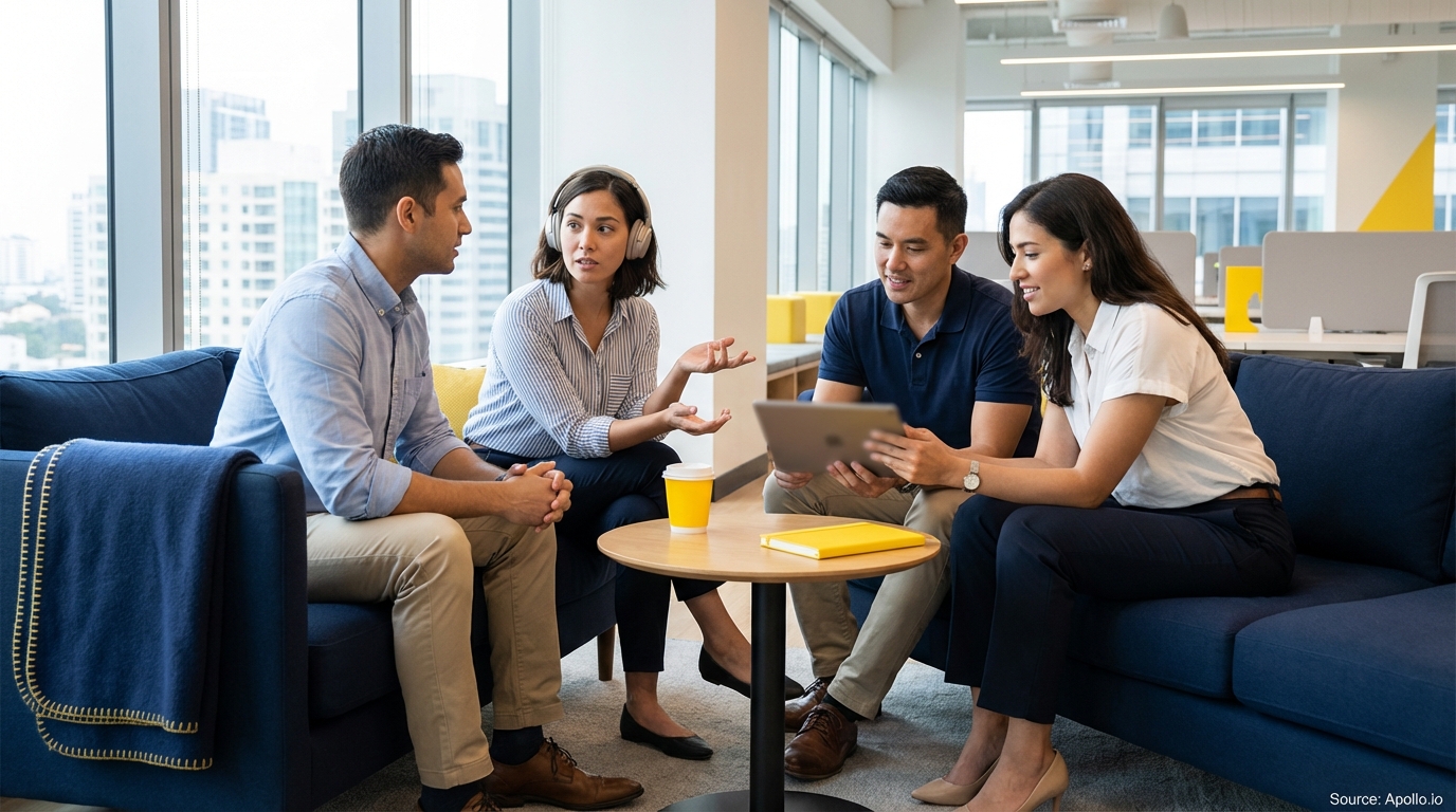 Four professionals discuss a tablet in a bright, modern office lounge.