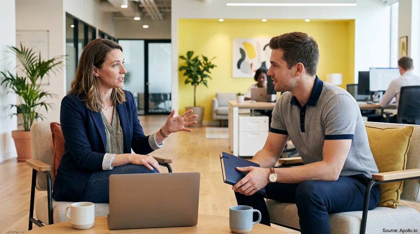 Two professionals discuss strategy in a bright, modern office lounge.